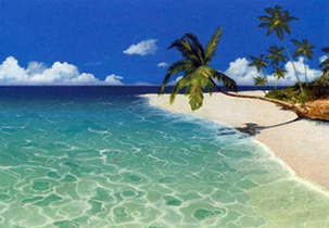 aqua ocean view, palms, beach
